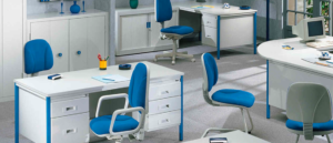 various blue and white office chairs, desks, and cupboards